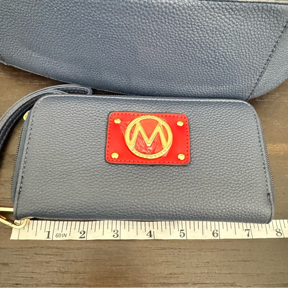 MKF Collection Blue Red Chain Shoulder Bag with Matching Wristlet - Picture 11 of 12